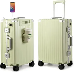 MYER Hard Shell Carry On Luggage 22x14x9 Airline Approved,20 Inch Aluminum Luggage with 100% 3-Layer PC,Carry On Suitcases with Wheels,Cup Holder and USB Port (Vanilla Green, 20 inch)