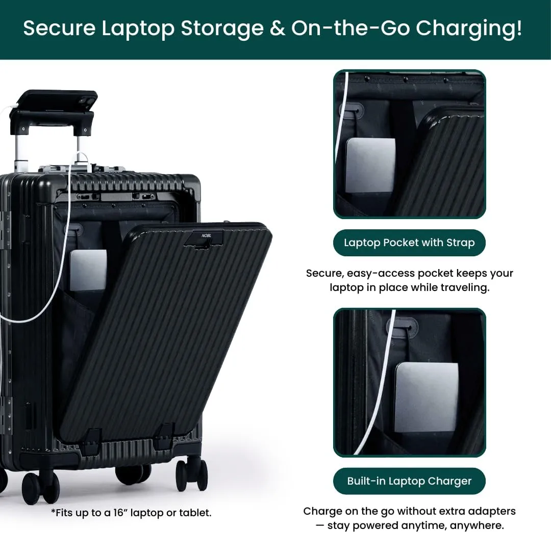 Nobl Travel Carry On Luggage, Noble Zipperless Aluminum Frame PC Hard Shell Suitcase, 23.5x15.5x10 Airline Approved, 360° Spinner Wheels, TSA Locks, USB Charging Port, Cup & Phone Holder - Black