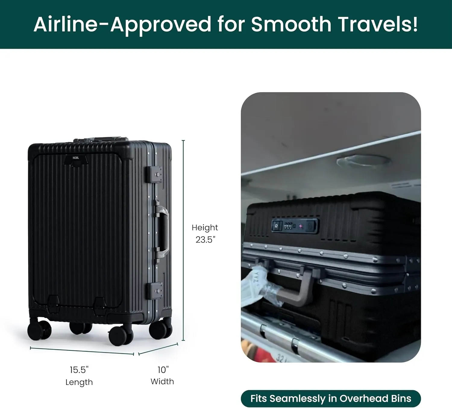 Nobl Travel Carry On Luggage, Noble Zipperless Aluminum Frame PC Hard Shell Suitcase, 23.5x15.5x10 Airline Approved, 360° Spinner Wheels, TSA Locks, USB Charging Port, Cup & Phone Holder - Black