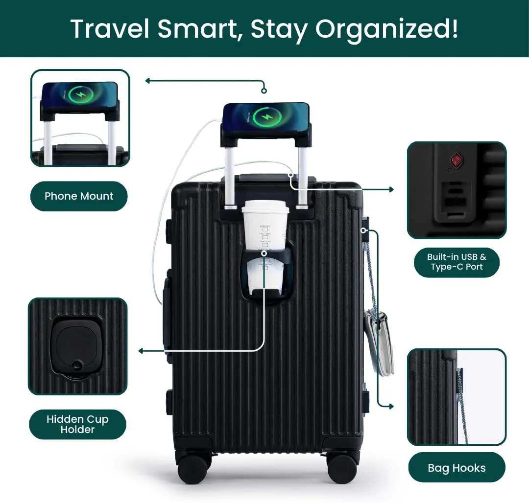 Nobl Travel Carry On Luggage, Noble Zipperless Aluminum Frame PC Hard Shell Suitcase, 23.5x15.5x10 Airline Approved, 360° Spinner Wheels, TSA Locks, USB Charging Port, Cup & Phone Holder - Black