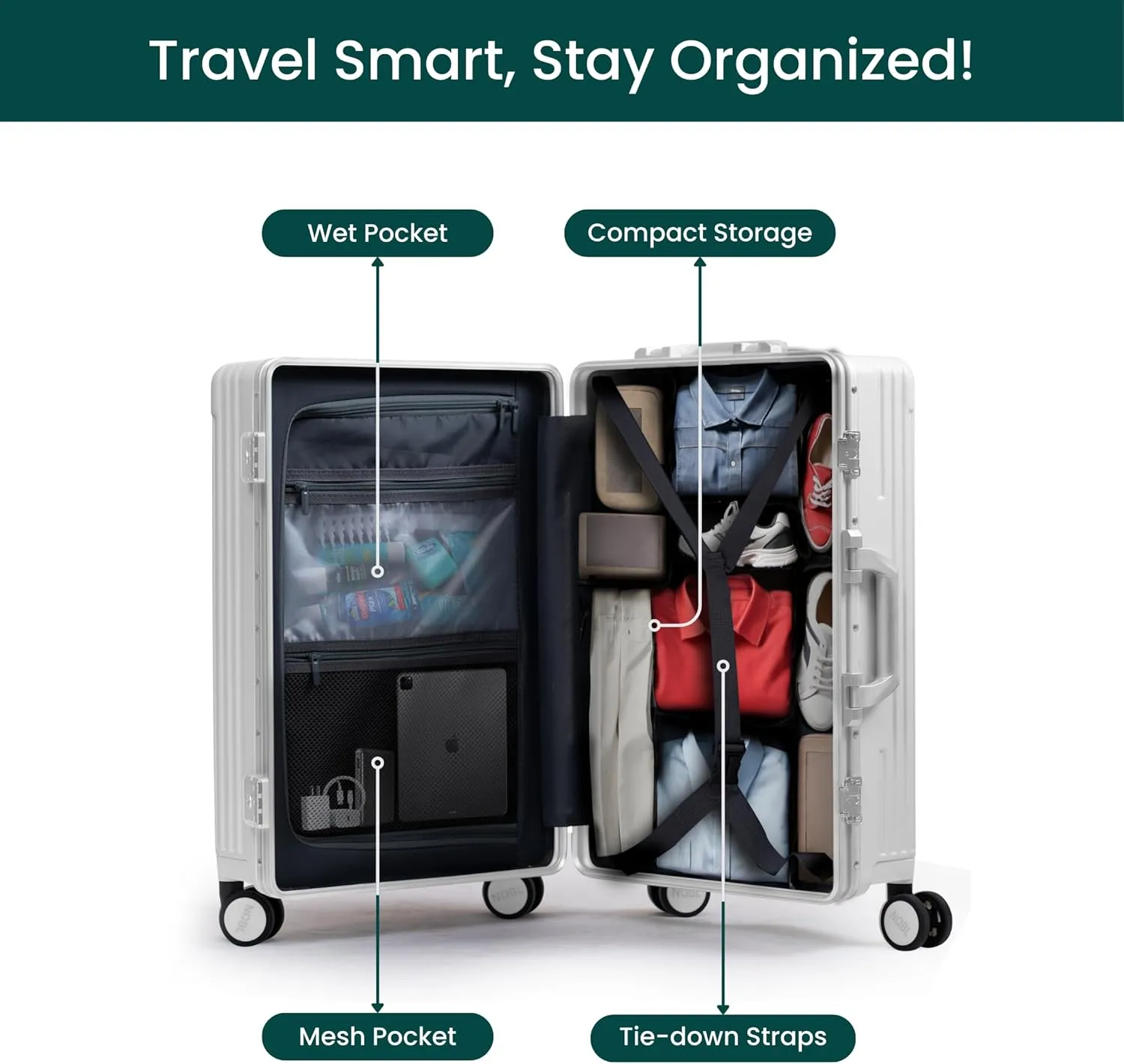 Nobl Travel Zipperless Check In Suitcase - Aluminum Frame, Check In luggage 30.25x20x12 Airline Approved by Noble Travel - Unbreakable Polycarbonate Shell - Dual TSA Locks, 360° Spinner Wheels - White