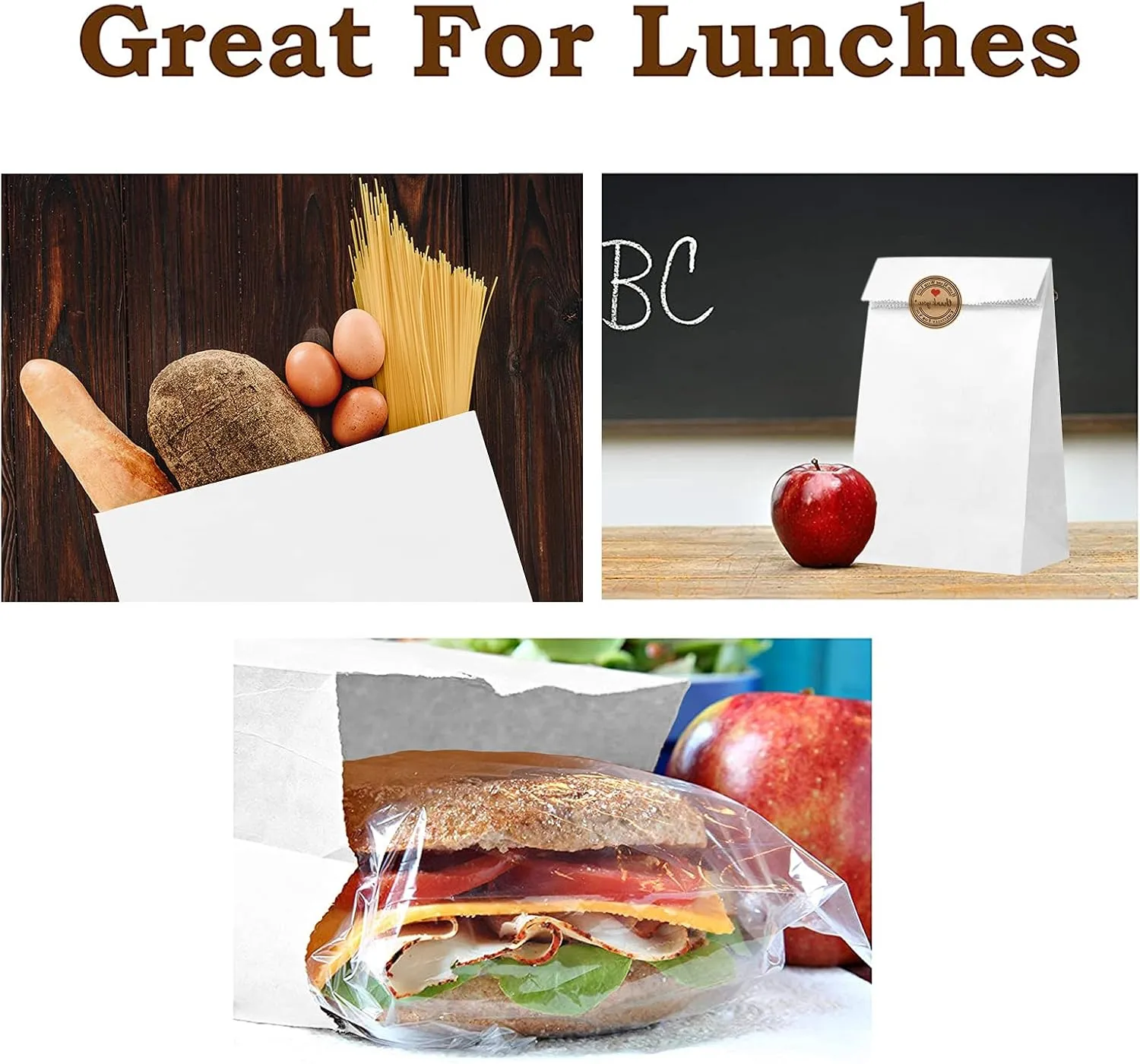 Paper Lunch Bags 50 Count Large White Lunch Bags Kraft White Paper Bags 8LB White Lunch Sacks Strong for Small Business