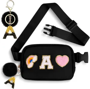 Personalized Belt Bag with Keychain, Fanny Pack for Girls Women, Initial Birthday Gifts for Teen Girls Mom Crossbody Bag Small Waist Packs Travel Essential Preppy Gifts (Black A)
