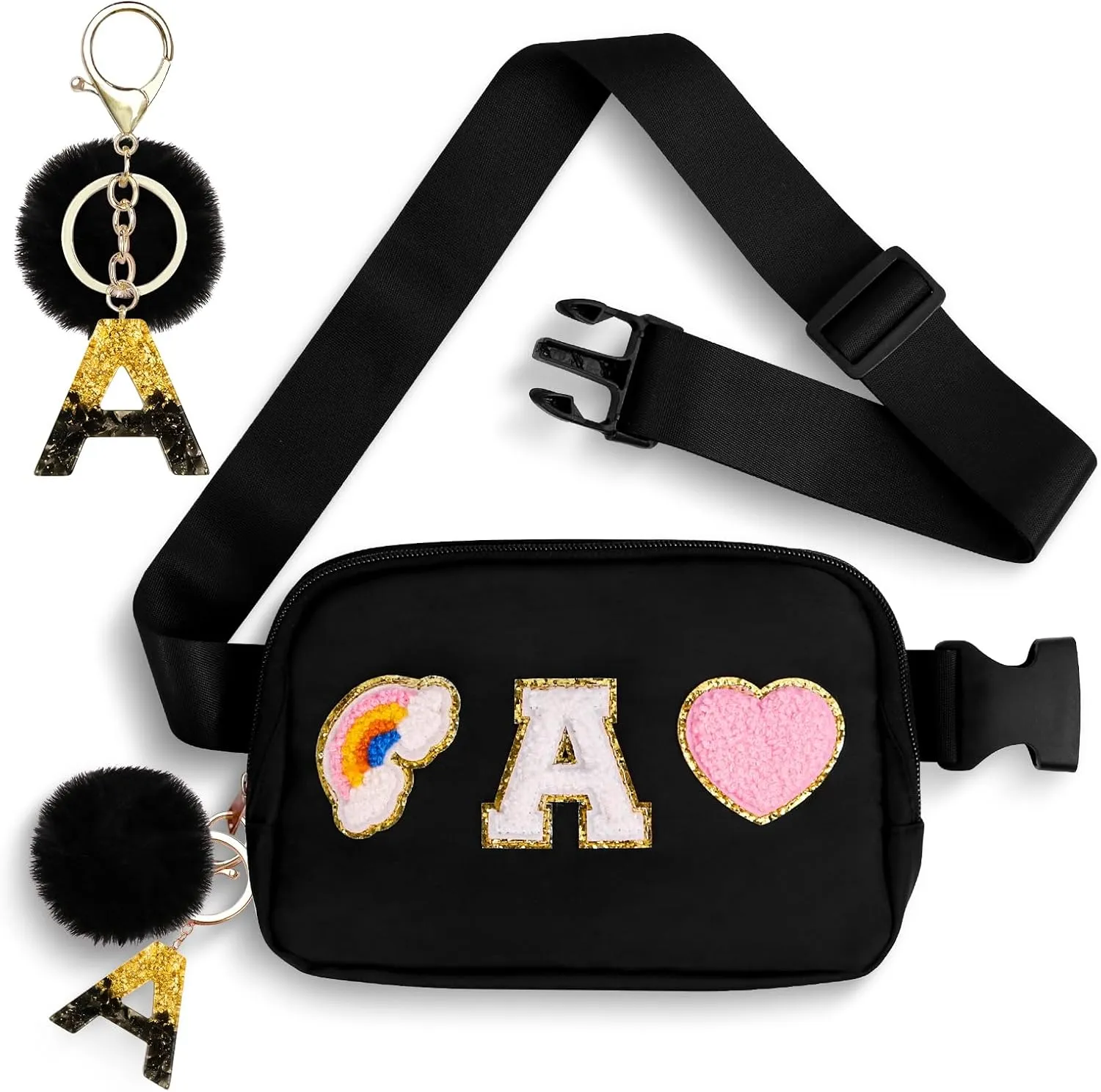 Personalized Belt Bag with Keychain, Fanny Pack for Girls Women, Initial Birthday Gifts for Teen Girls Mom Crossbody Bag Small Waist Packs Travel Essential Preppy Gifts (Black A)