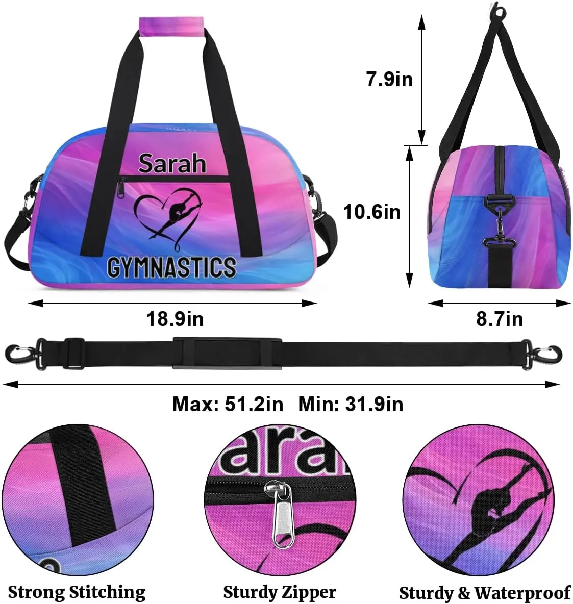 Personalized Dance Bag Gym Bag, Custom Gymnastics Sports Duffel Bags Weekender Bags Travel Duffel Bag Custom Neme Gymnastics Ballet Bag Multi-colored