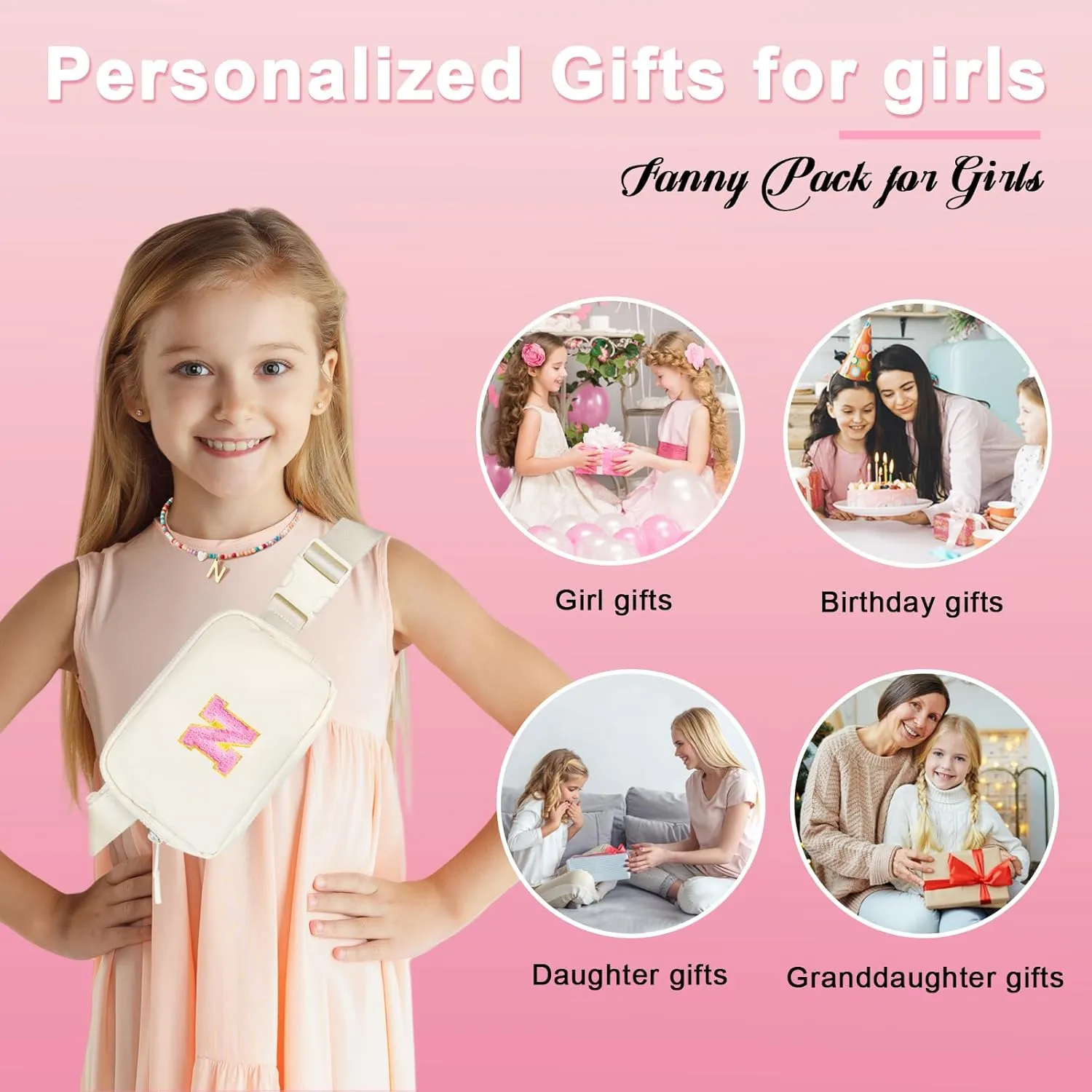 Personalized Fanny Pack for Girls, Gift Sets for Teen Girls, Birthday Gifts for 4 5 6 7 8 9 10 11 12 13 Year Old Girl, Initial Crossbody Bag Belt Bag for Girl Kids (N)