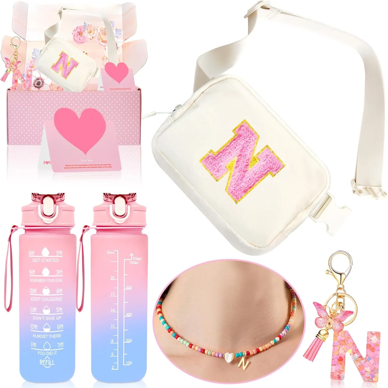 Personalized Fanny Pack for Girls, Gift Sets for Teen Girls, Birthday Gifts for 4 5 6 7 8 9 10 11 12 13 Year Old Girl, Initial Crossbody Bag Belt Bag for Girl Kids (N)
