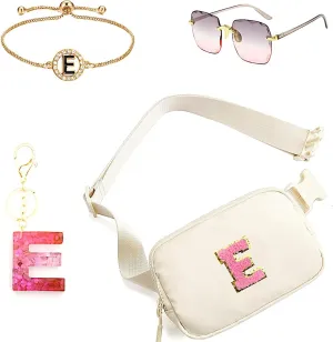 Personalized Initial Fanny Pack Belt Bag for Teen Girls - woman fanny pack,Bracelet, Keychain & Sunglasses (E)