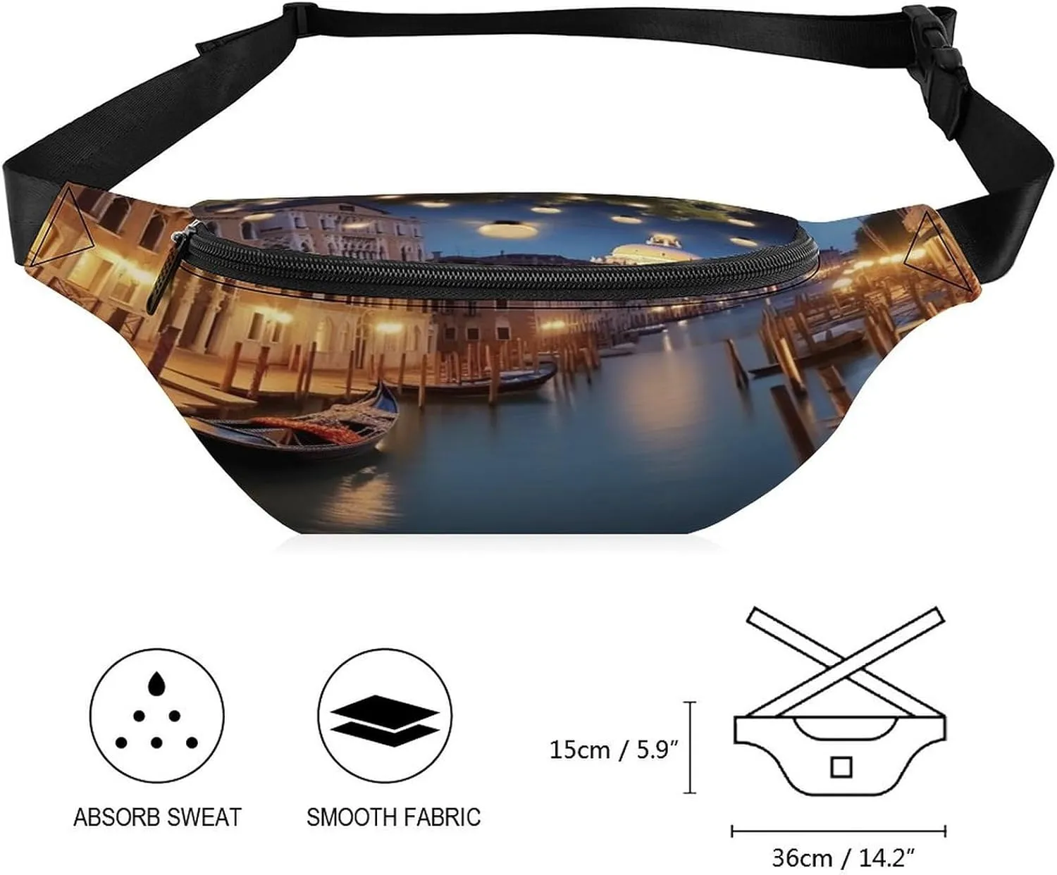Personalized Waist Packs with Adjustable Strap,Beautiful Venice at Night CrossBody Fanny Pack Casual Bag for Travel Sports Running Hiking