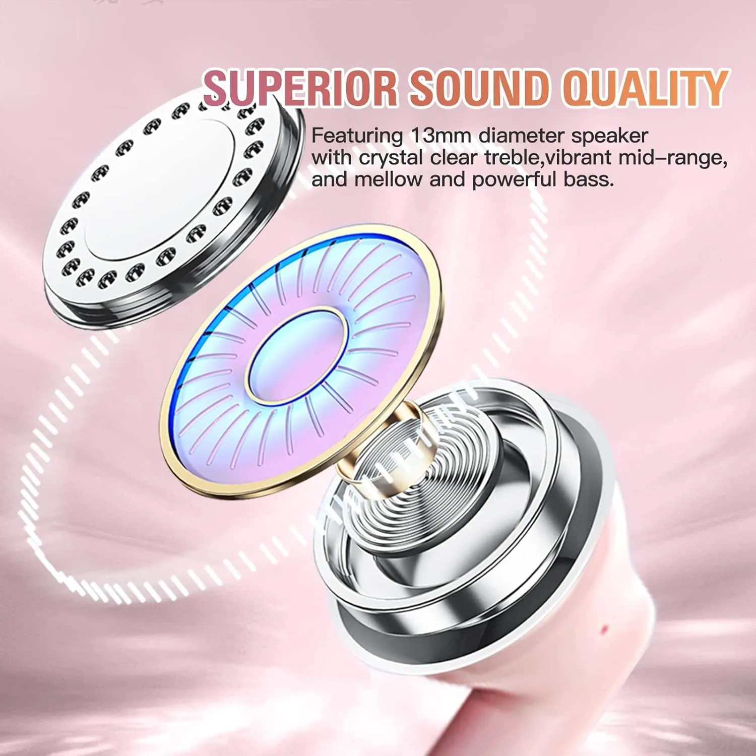 Pink True Wireless Earbuds Bluetooth 5.3 with Microphone for Working Out Noise Canceling Blue Tooth Ear Buds Deep Bass TWS Wireless Earphones with Charging Case in Ear Headphone for iPhone Android