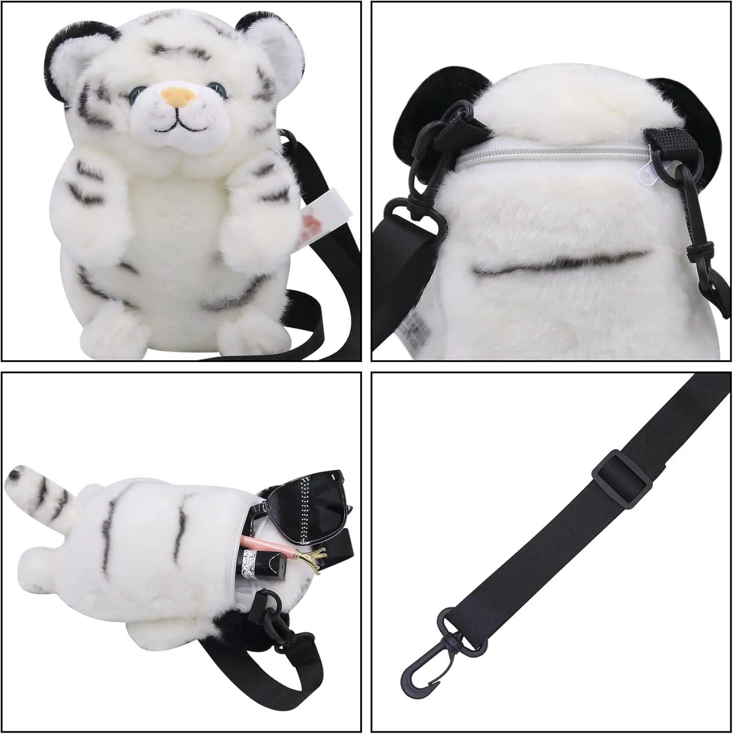 Plush Tiger Panda Crossbody Purse for Women Girls Small Fluffy Animal Shoulder Plush Tiger Panda Doll Cute Purse