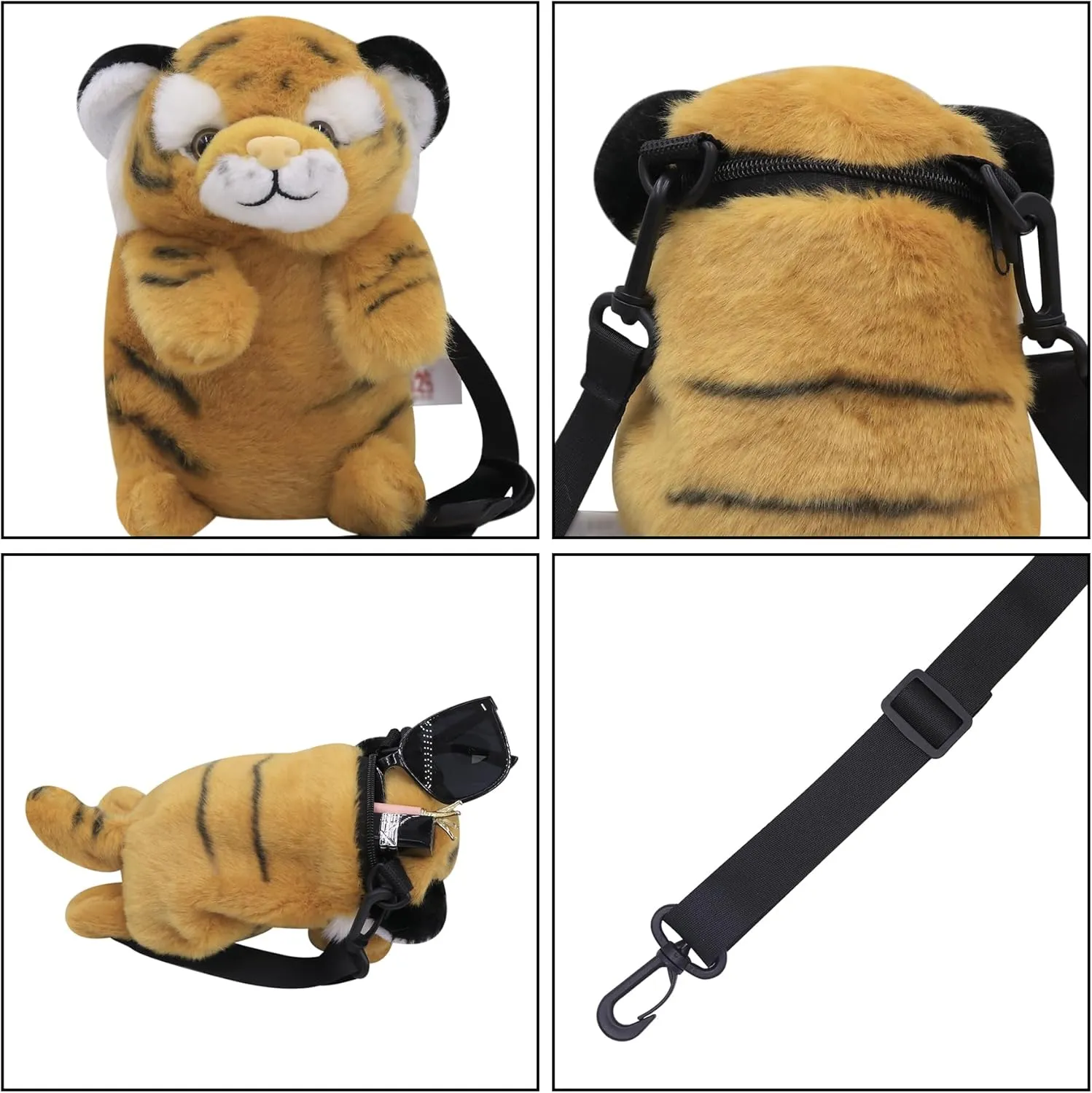 Plush Tiger Panda Crossbody Purse for Women Girls Small Fluffy Animal Shoulder Plush Tiger Panda Doll Cute Purse