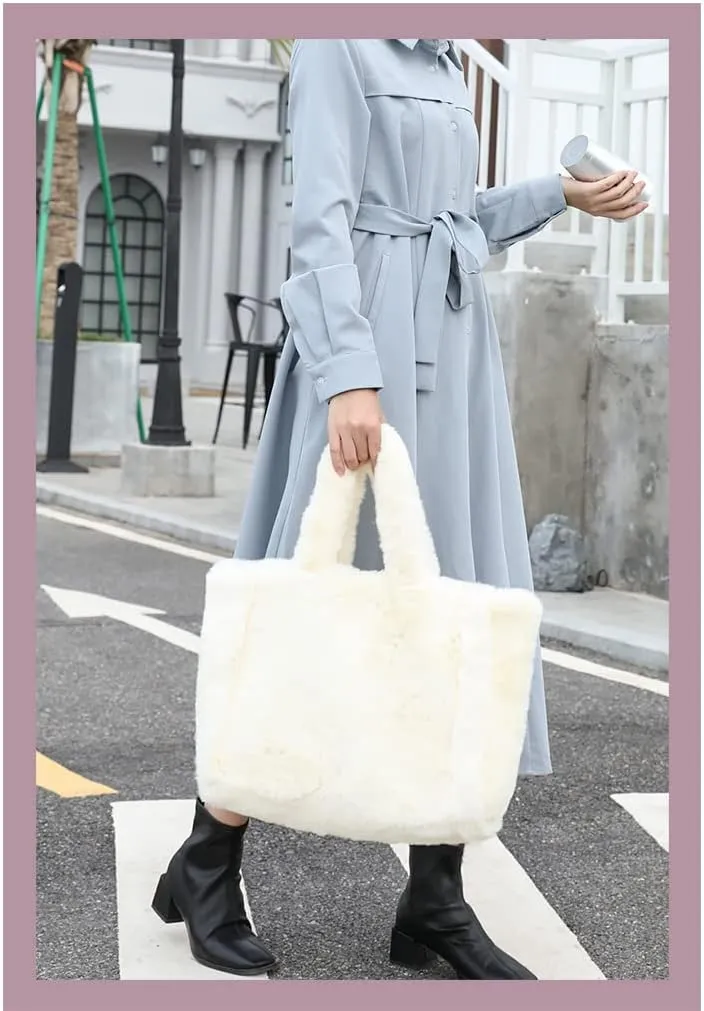 Plush Tote Bag Y2K Women Aesthetic Fuzzy Underarm Bag Furry Warm Winter Shoulder Bag Trendy Accessories (Beige)
