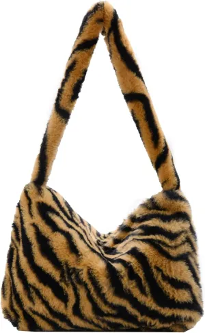 Plush Zabra Printed Tote Bag Y2K Fuzzy Fluffy Shoulder Bag Plush Aesthetic Purse Underarm Bag for Autumn Winter