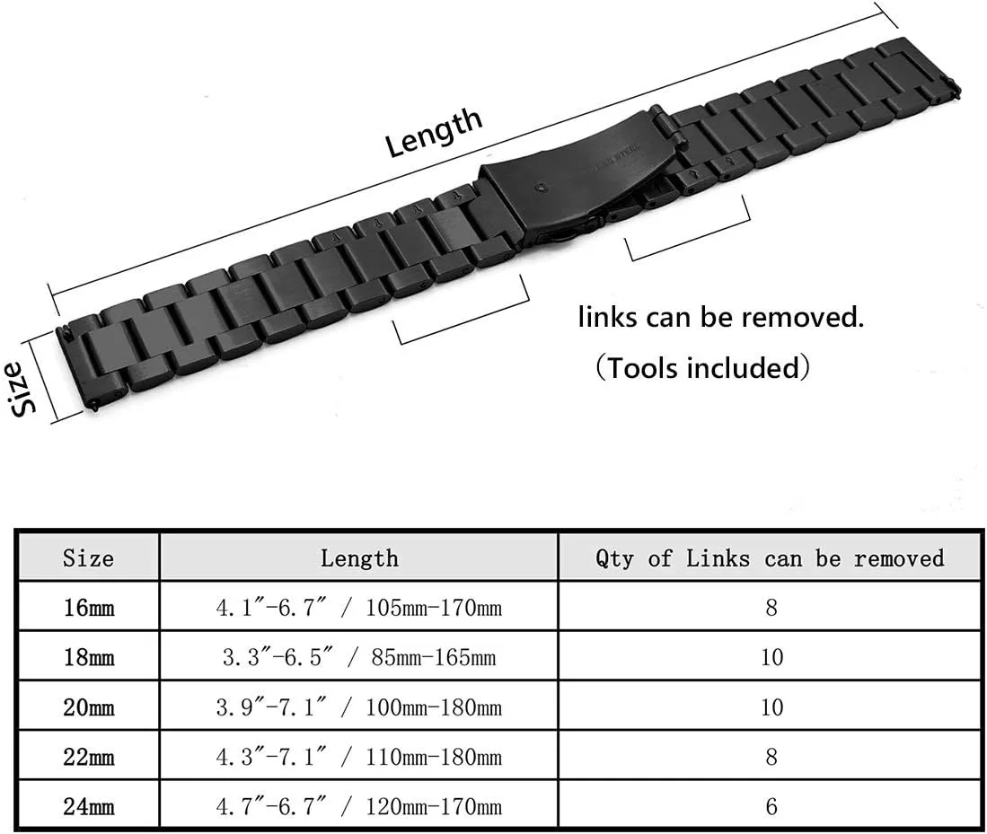 Quick Release Watch Strap,16mm 18mm 20mm 22mm 24mm Premium Solid Stainless Steel Watch Band Replacement