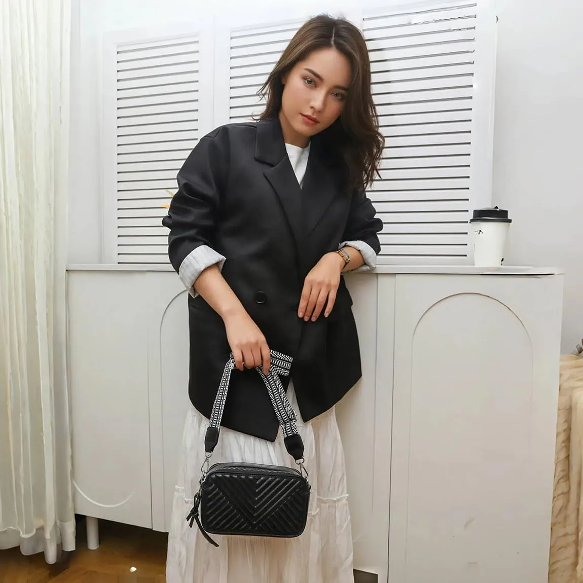 Quilted Crossbody Bags for Women Vegan Leather Purses Small Shoulder Handbags with Wide Strap Camera Bag