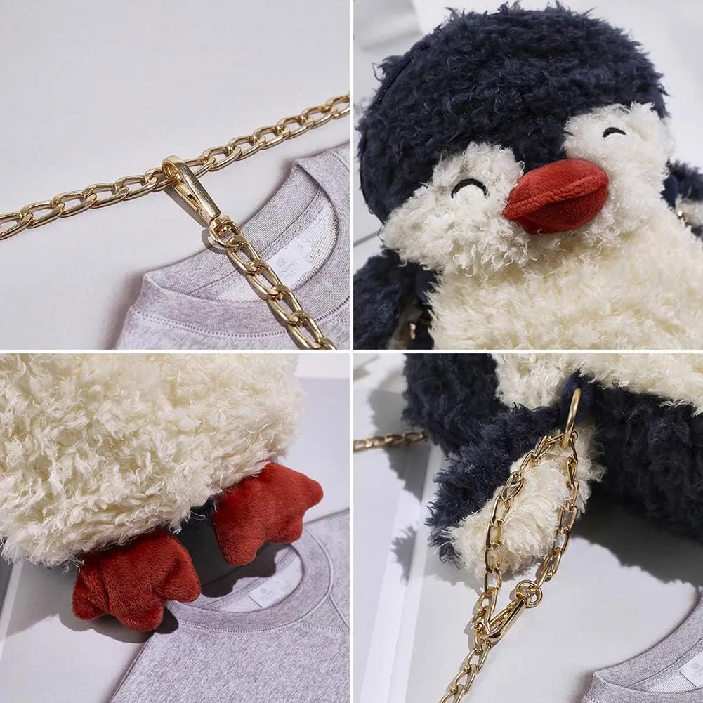 QZUnique Plush Penguin Purse for Women Fluffy Novelty Handbag Kawaii Crossbody Shoulder Bag Chain Wallet Sheep Chick Bear
