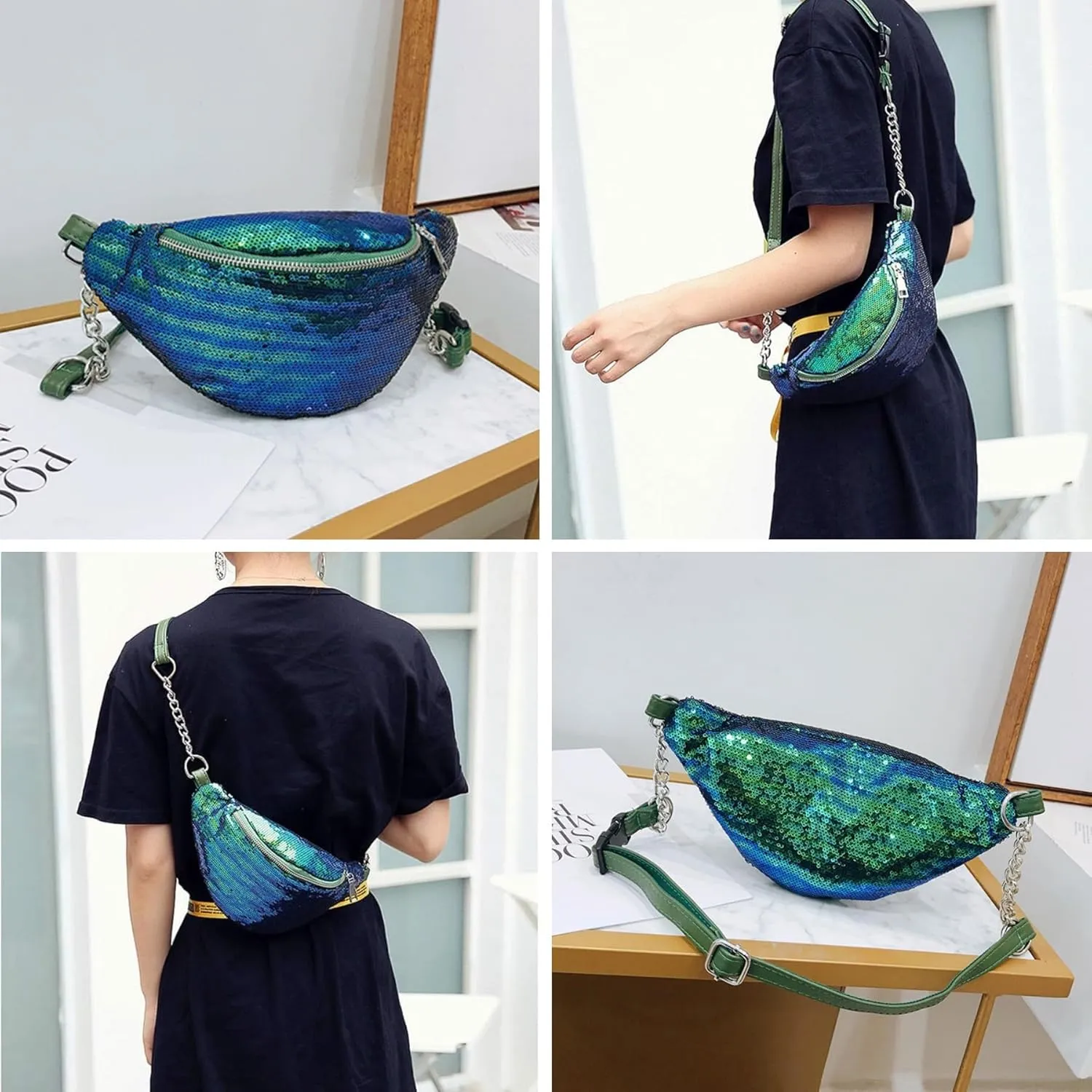 RARITYUS Sparkly Sequin Fanny Packs Glitter Waist Bag with Adjustable Strap for Women Girls Unisex