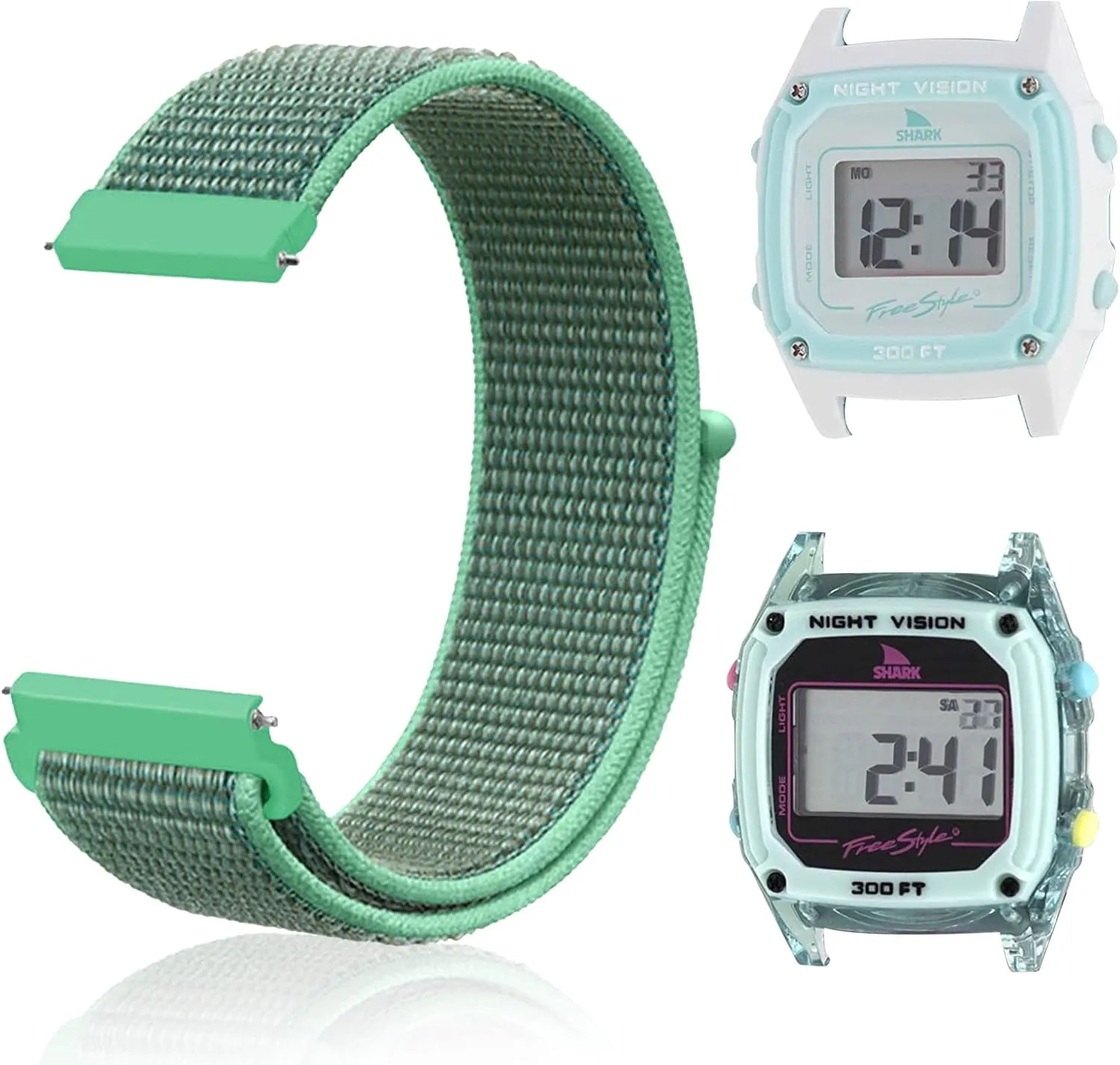 Replacement Nylon Band Compatible with Freestyle Shark Classic Watch, Adjustable Quick-drying Strap for Shark Classic Leash & Clip Watch（Watch Not Included）, Mint Green,S/M
