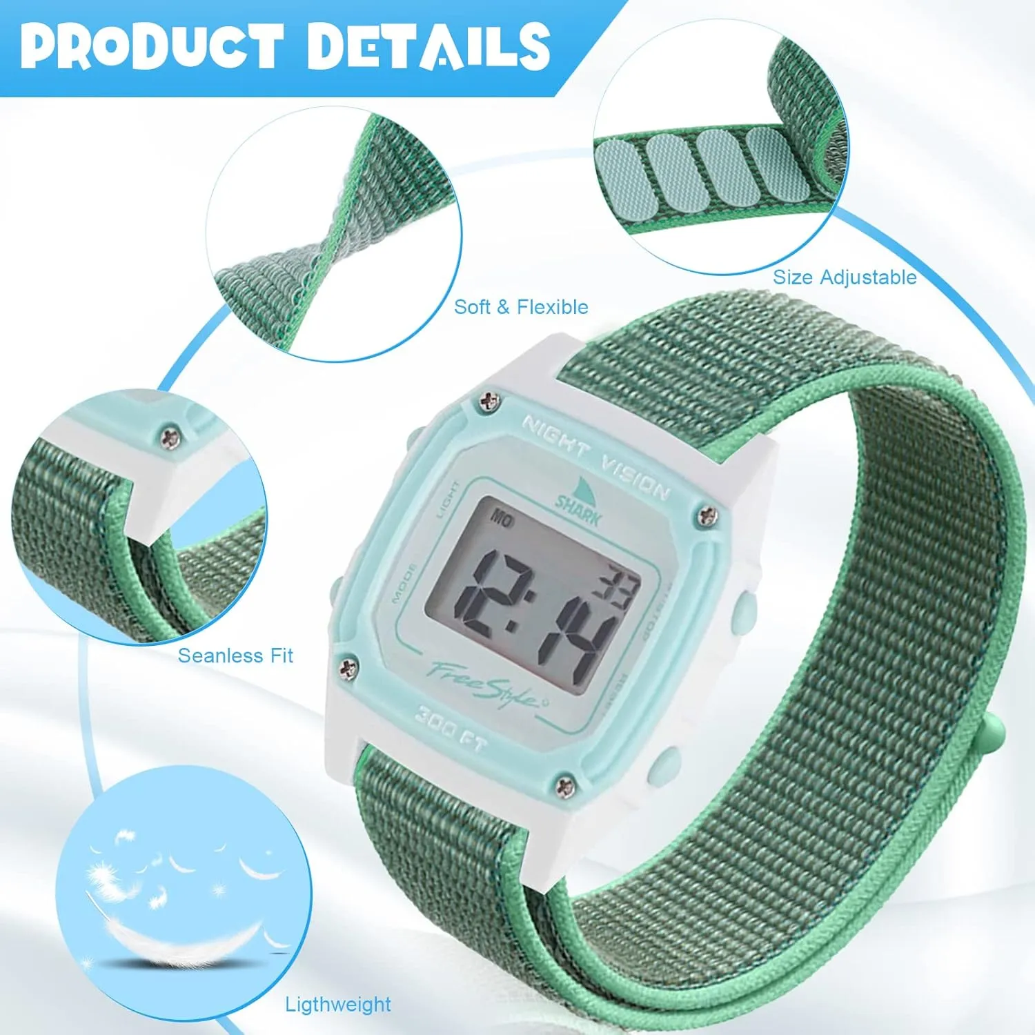 Replacement Nylon Band Compatible with Freestyle Shark Classic Watch, Adjustable Quick-drying Strap for Shark Classic Leash & Clip Watch（Watch Not Included）, Mint Green,S/M
