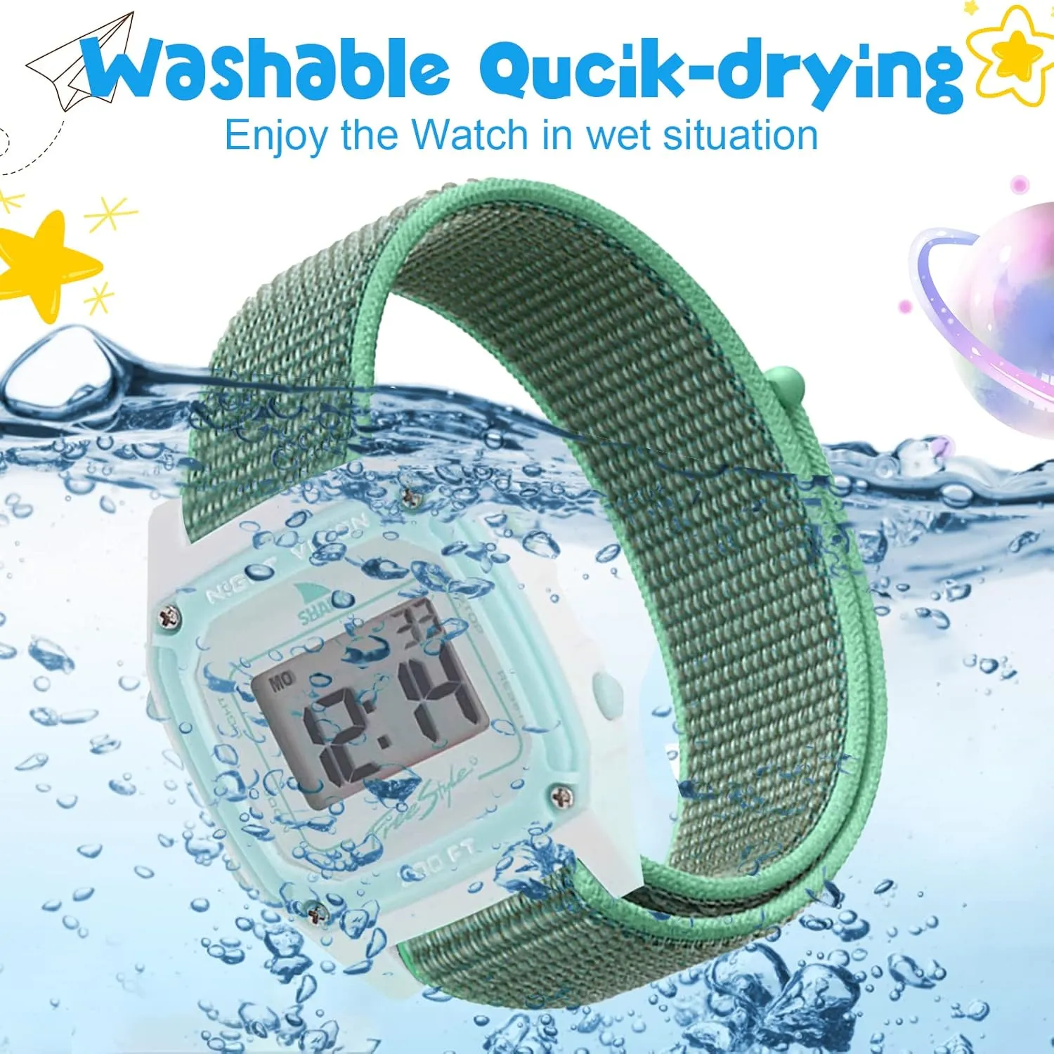 Replacement Nylon Band Compatible with Freestyle Shark Classic Watch, Adjustable Quick-drying Strap for Shark Classic Leash & Clip Watch（Watch Not Included）, Mint Green,S/M