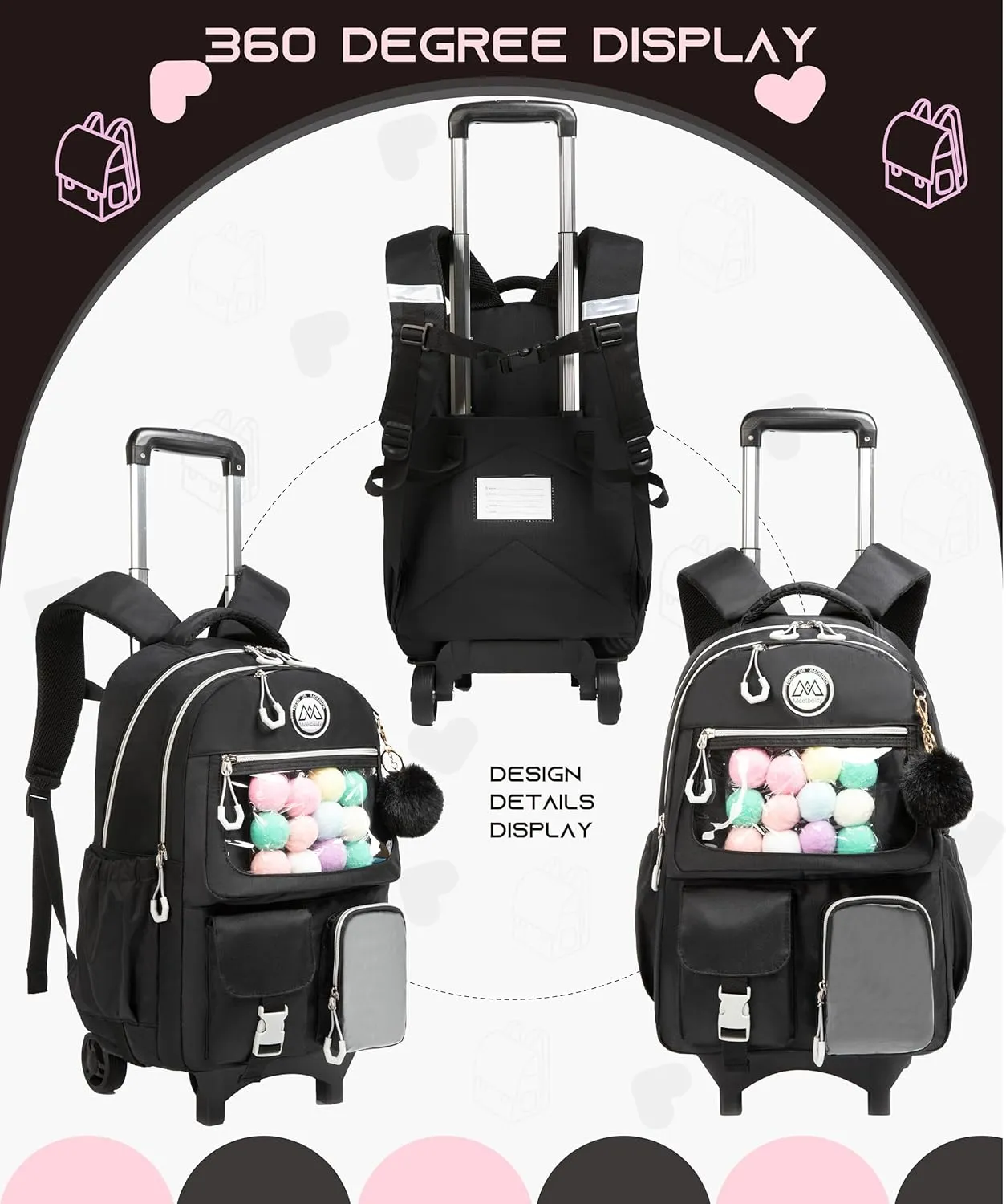 Rolling Backpack for Girls Kids Backpack with Wheels Backpacks for Elementary with Lunch Box Pencil Case Trolley (Black1)