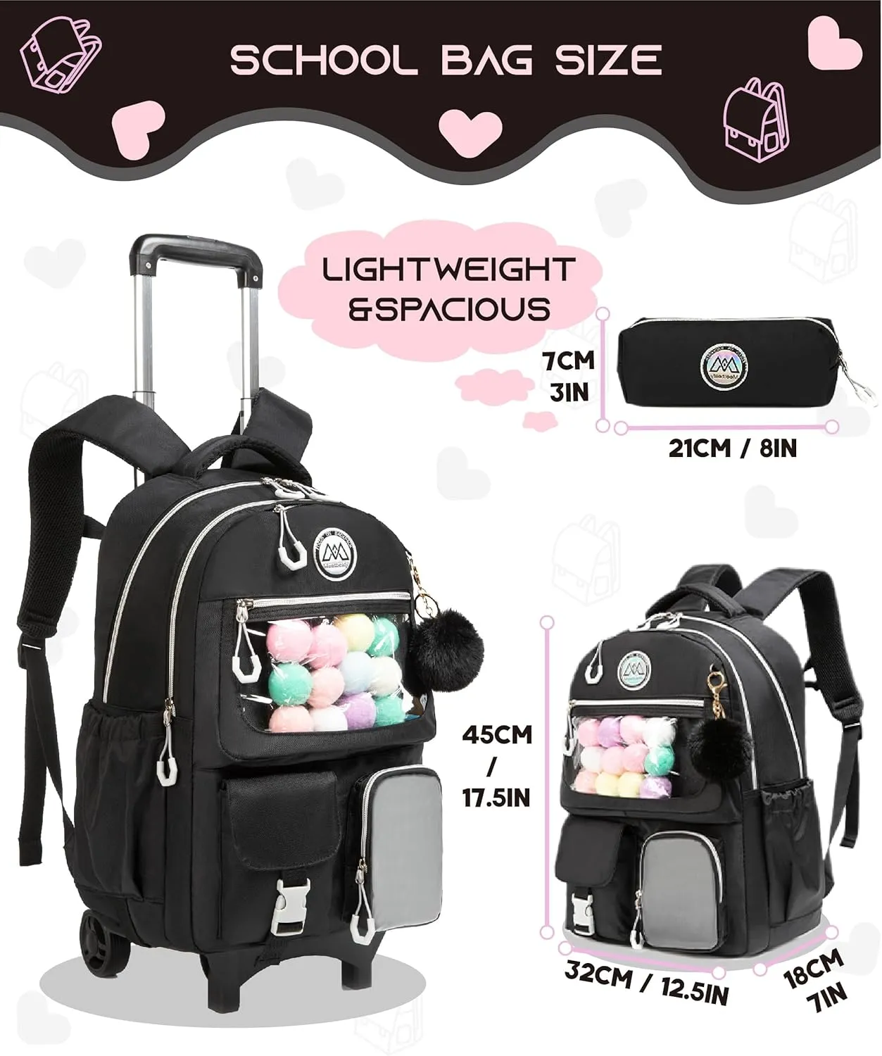 Rolling Backpack for Girls Kids Backpack with Wheels Backpacks for Elementary with Lunch Box Pencil Case Trolley (Black1)