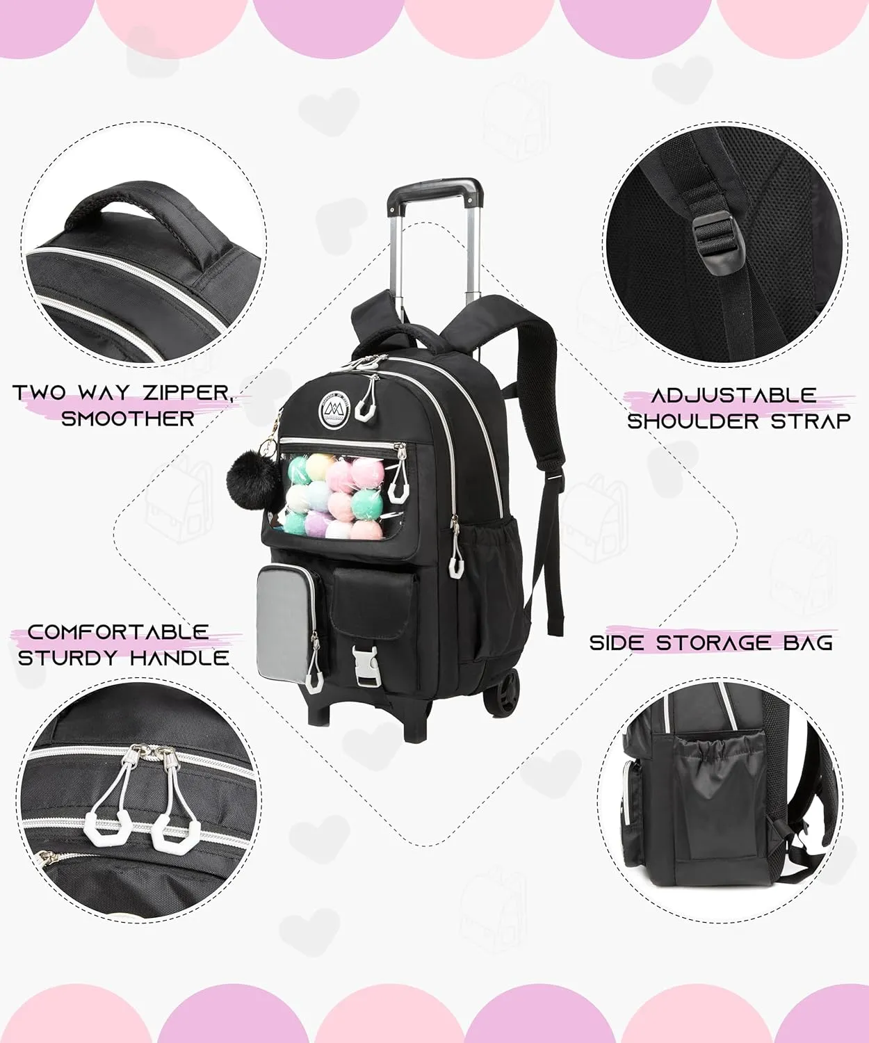 Rolling Backpack for Girls Kids Backpack with Wheels Backpacks for Elementary with Lunch Box Pencil Case Trolley (Black1)