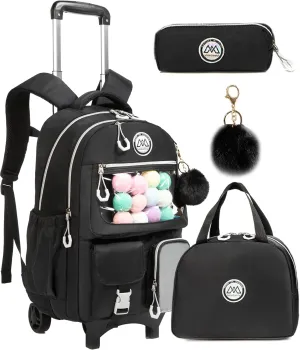 Rolling Backpack for Girls Kids Backpack with Wheels Backpacks for Elementary with Lunch Box Pencil Case Trolley (Black1)