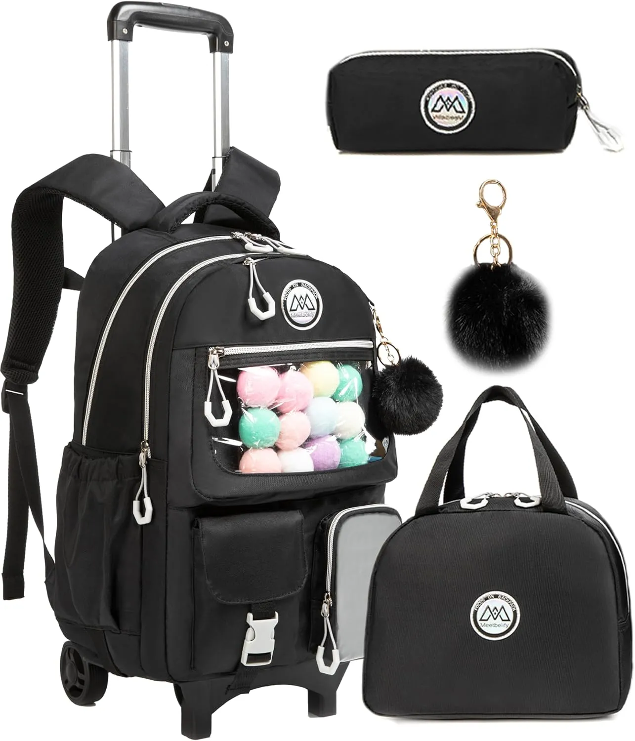 Rolling Backpack for Girls Kids Backpack with Wheels Backpacks for Elementary with Lunch Box Pencil Case Trolley (Black1)