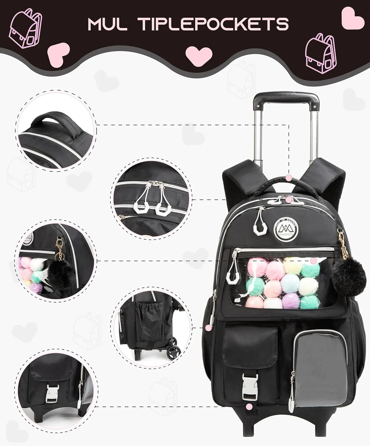 Rolling Backpack for Girls Kids Backpack with Wheels Backpacks for Elementary with Lunch Box Pencil Case Trolley (Black1)