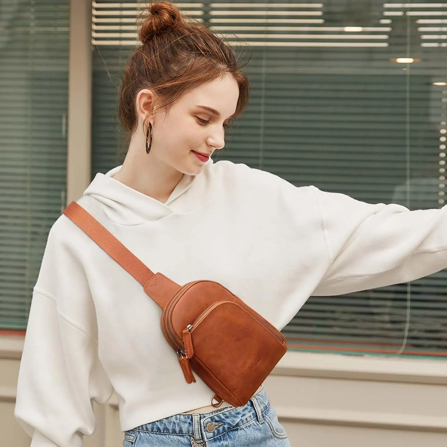 S-ZONE Genuine Leather RFID Blocking Small Sling Bag Women Crossbody Fanny Packs