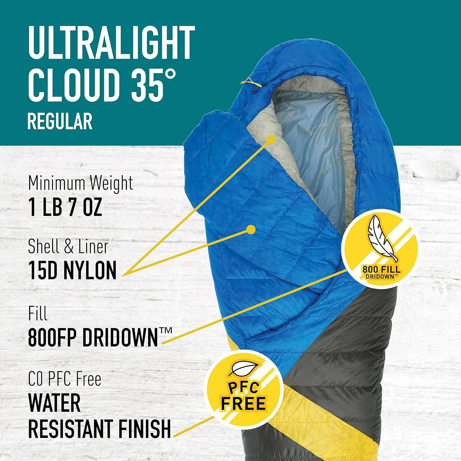 Sierra Designs Cloud 35 Degree DriDown Sleeping Bag Ultralight Zipperless Down Sleeping Bag for Backpacking and Camping