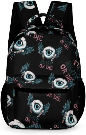 Skate Or Die Eyeball Wings Cute Backpack Travel Work Bag with Water Bottle Pocket Adjustable Padded Shoulder Straps Daypack
