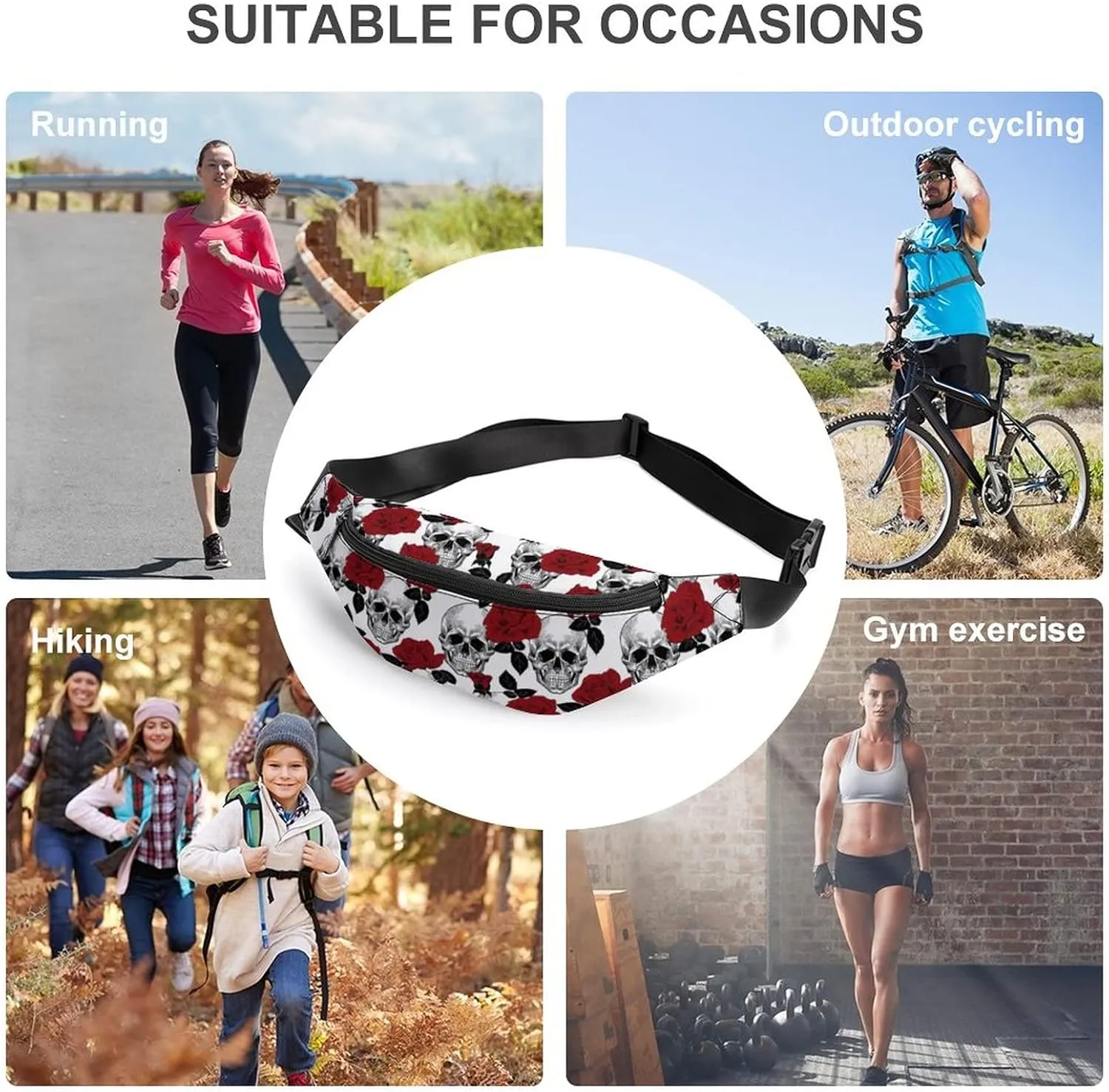 Skull And Roses Fanny Pack for Women Men Small Running Belt Waist Pouch Bag with Zipper Adjustable Strap Casual Waist Pack Hands-Free Phone Holder with Headphone for Travel Jogging Hiking Walking Cycl