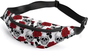 Skull And Roses Fanny Pack for Women Men Small Running Belt Waist Pouch Bag with Zipper Adjustable Strap Casual Waist Pack Hands-Free Phone Holder with Headphone for Travel Jogging Hiking Walking Cycl