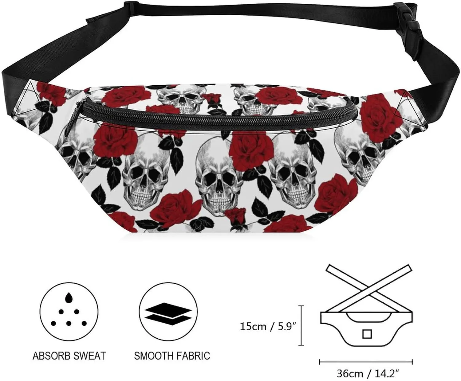 Skull And Roses Fanny Pack for Women Men Small Running Belt Waist Pouch Bag with Zipper Adjustable Strap Casual Waist Pack Hands-Free Phone Holder with Headphone for Travel Jogging Hiking Walking Cycl