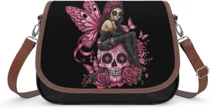 Skull Fairy Breast Cancer Awareness Ribbon Crossbody Bags PU Leather Purses Shoulder Handbag with Adjustable Shoulder Strap