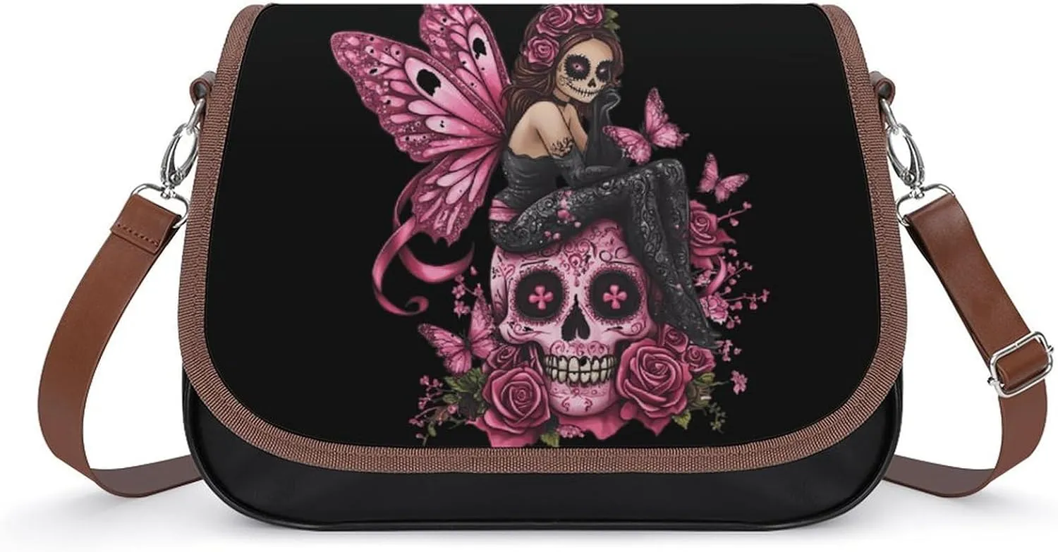Skull Fairy Breast Cancer Awareness Ribbon Crossbody Bags PU Leather Purses Shoulder Handbag with Adjustable Shoulder Strap