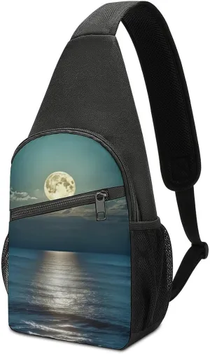 Sling Backpack for Women Men Crossbody Chest Bag Travel Bright Moon at Sea Hippie Daypack Shoulder Bag for Hiking
