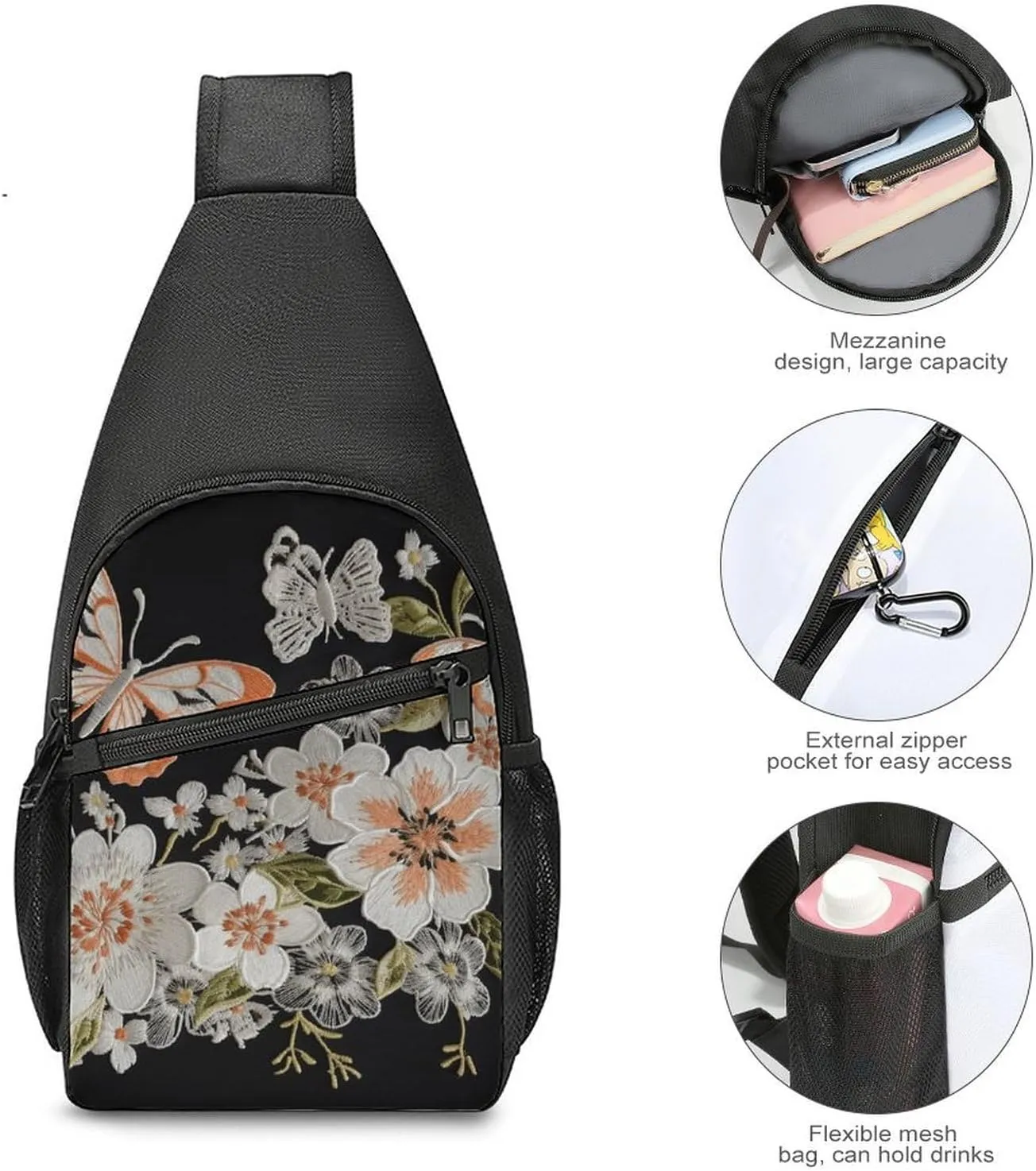 Sling Backpack for Women Men Crossbody Chest Bag Travel Flowers And Butterflie Daypack Shoulder Bag for Hiking
