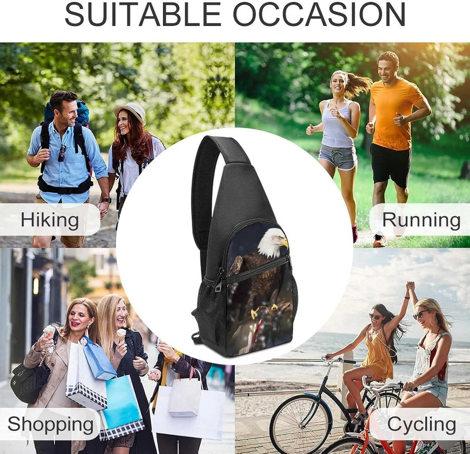 Sling Backpack for Women Men Crossbody Chest Bag Travel North American Bald Eagle Daypack Shoulder Bag for Hiking