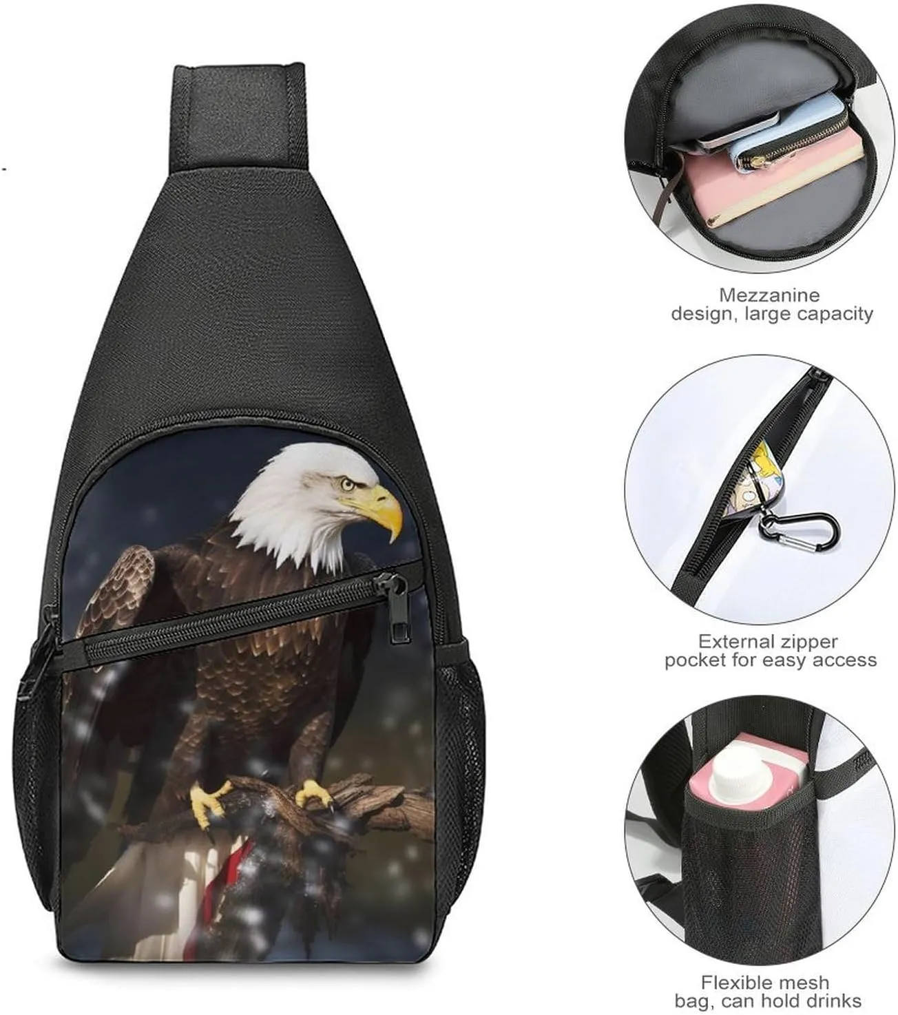 Sling Backpack for Women Men Crossbody Chest Bag Travel North American Bald Eagle Daypack Shoulder Bag for Hiking
