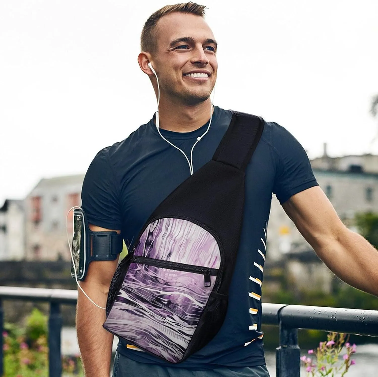 Sling Backpack for Women Men Crossbody Chest Bag Travel Purple And White Lines Daypack Shoulder Bag for Hiking