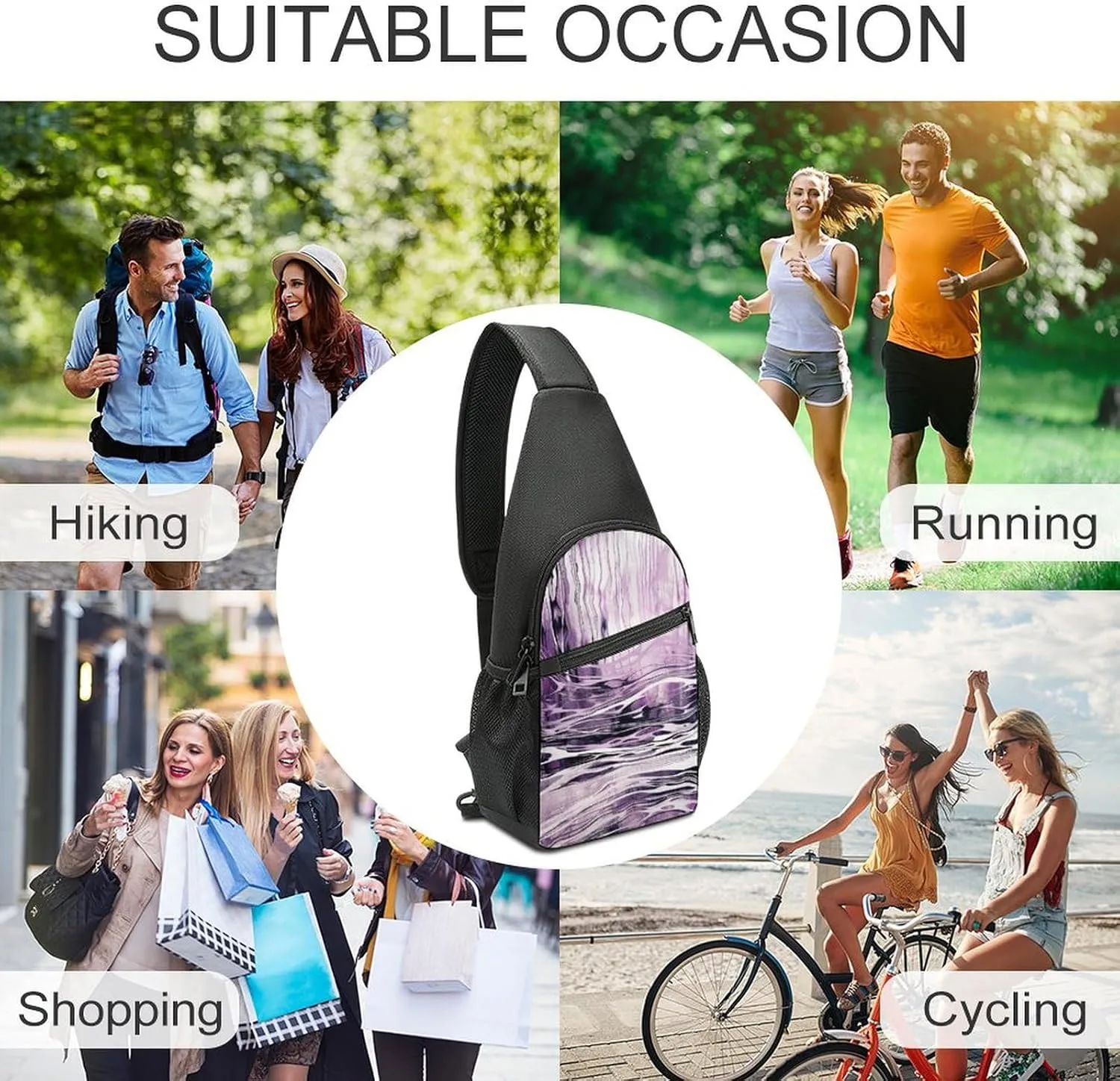 Sling Backpack for Women Men Crossbody Chest Bag Travel Purple And White Lines Daypack Shoulder Bag for Hiking