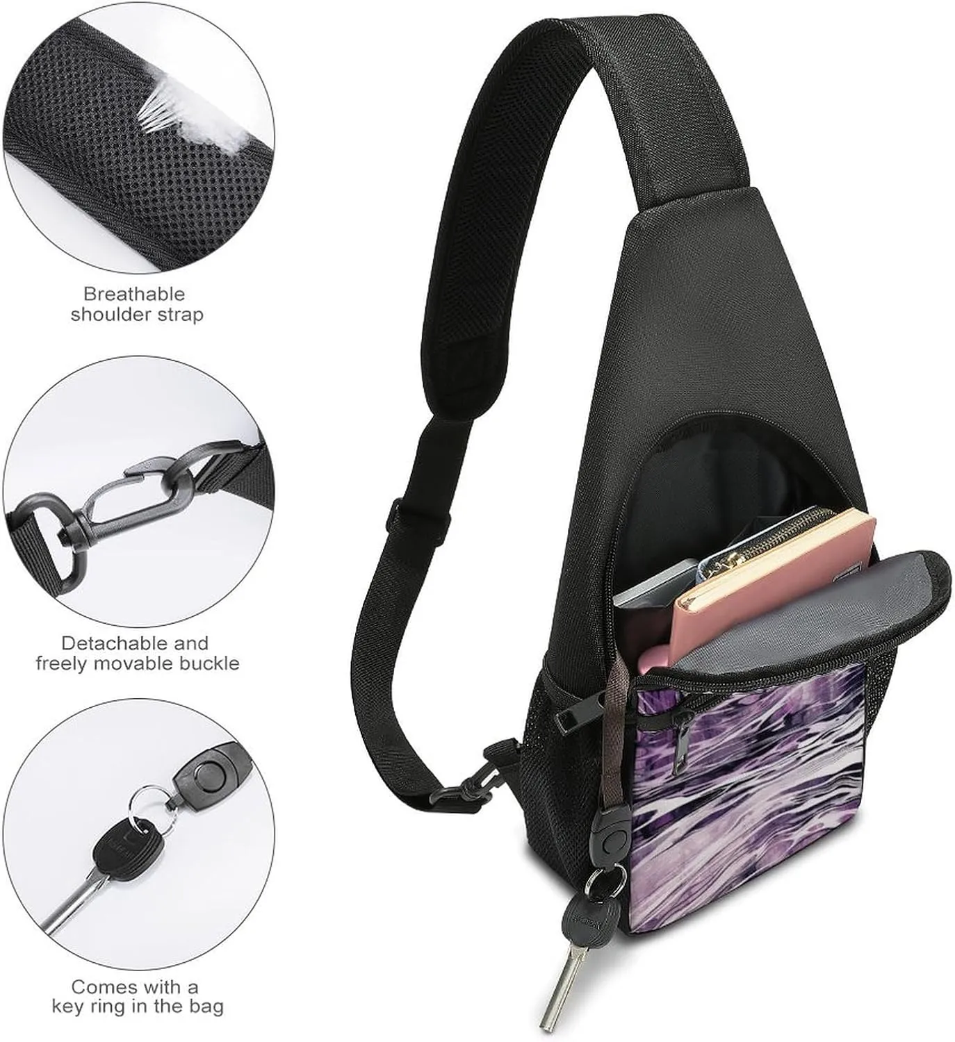 Sling Backpack for Women Men Crossbody Chest Bag Travel Purple And White Lines Daypack Shoulder Bag for Hiking