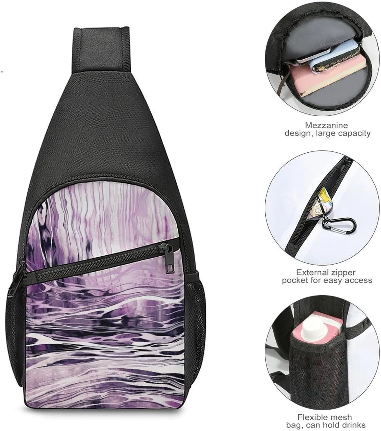 Sling Backpack for Women Men Crossbody Chest Bag Travel Purple And White Lines Daypack Shoulder Bag for Hiking