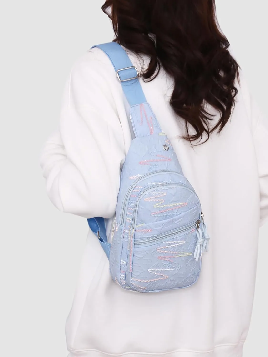 Sling Backpack, Pink Pastel Crossbody Bag with Decorative Stitching, Multi-Pocket Design (blue)