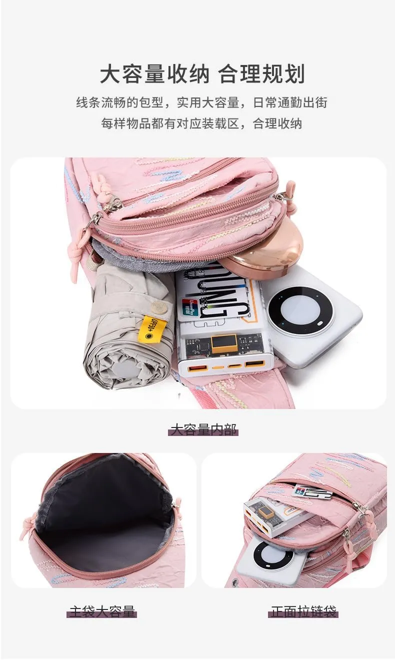 Sling Backpack, Pink Pastel Crossbody Bag with Decorative Stitching, Multi-Pocket Design (blue)