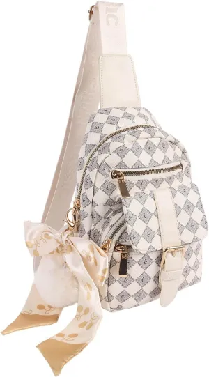 Sling Bag Fanny Pack for Women, Women's Leather Crossbody Bag with Adjustable Strap Trendy Fanny Pack Checkered Waist Bag Chest Bag for Travel Sport Cycling Walking Hiking (White)